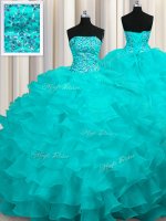 Colorful With Train Ball Gowns Sleeveless Aqua Blue Sweet 16 Dress Sweep Train Lace Up