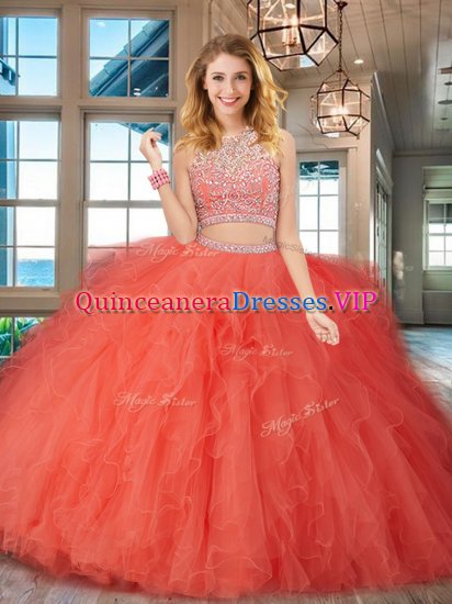 Scoop Orange Red Tulle Backless Quince Ball Gowns Sleeveless Floor Length Beading and Ruffles - Click Image to Close