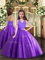 Purple Lace Up Halter Top Beading Child Pageant Dress Tulle Sleeveless
