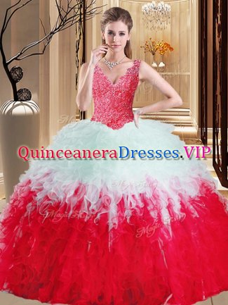 Pretty White And Red Ball Gowns V-neck Sleeveless Tulle Floor Length Zipper Lace and Appliques and Ruffles Military Ball Gowns