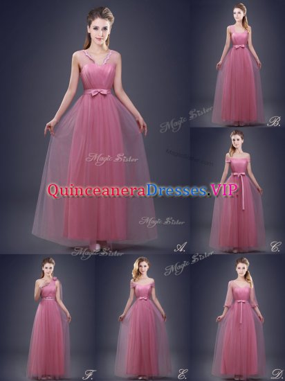 Pink Tulle Lace Up V-neck Sleeveless Floor Length Dama Dress Beading and Appliques and Ruching and Bowknot and Hand Made Flower - Click Image to Close