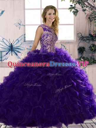 High End Purple Sleeveless Floor Length Beading and Ruffles Lace Up 15th Birthday Dress