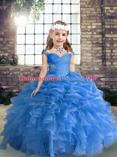 Blue Organza Lace Up Kids Formal Wear Sleeveless Floor Length Beading and Ruffles and Pick Ups - Click Image to Close