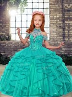 Classical Floor Length Ball Gowns Sleeveless Turquoise High School Pageant Dress Lace Up