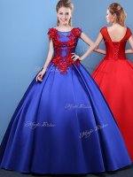 Colorful Scoop Cap Sleeves Satin Floor Length Lace Up Sweet 16 Quinceanera Dress in Royal Blue with Appliques(SKU YCQD0120BIZ)