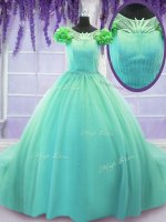 Scoop Short Sleeves Court Train Hand Made Flower Lace Up Sweet 16 Dress