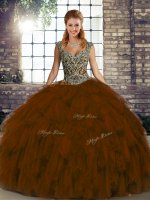 Classical Organza Straps Sleeveless Lace Up Beading and Ruffles Quinceanera Gown in Brown