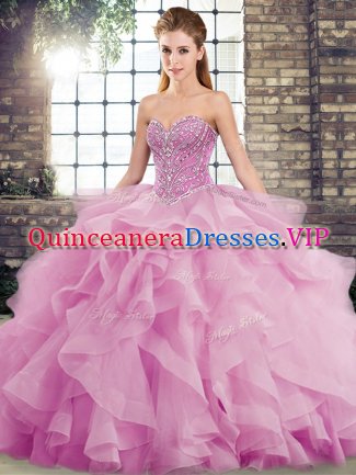 Hot Sale Lilac Ball Gowns Beading and Ruffles Quinceanera Dress Lace Up Tulle Sleeveless