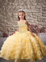 Sleeveless Beading and Ruffled Layers Lace Up Little Girls Pageant Gowns with Gold Brush Train(SKU PAG1186-2BIZ)