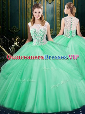 Scoop Sleeveless Tulle Floor Length Zipper Ball Gown Prom Dress in Apple Green with Lace and Pick Ups