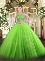 Inexpensive Tulle Lace Up Scoop Sleeveless Floor Length Sweet 16 Quinceanera Dress Beading