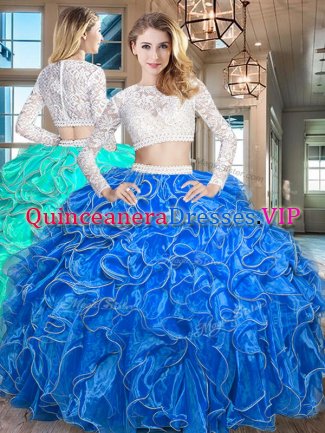 Simple Scoop Organza Long Sleeves Floor Length Quinceanera Dress and Beading and Lace and Ruffles