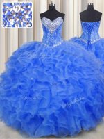 Sleeveless Organza Floor Length Lace Up Quince Ball Gowns in Royal Blue with Beading and Ruffles