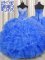 Sleeveless Organza Floor Length Lace Up Quince Ball Gowns in Royal Blue with Beading and Ruffles