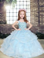 New Style Light Blue Tulle Lace Up Straps Sleeveless Floor Length Girls Pageant Dresses Beading and Ruffles(SKU PAG1262-11BIZ)