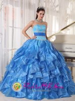Passau Germany Romantic Blue Organza Quinceanera Dress With Strapless Appliques and Paillette Tiered Skirt