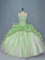 Organza and Taffeta Sleeveless Vestidos de Quinceanera Brush Train and Beading and Appliques and Pick Ups