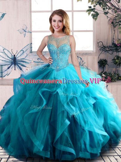 Unique Floor Length Aqua Blue Ball Gown Prom Dress Scoop Sleeveless Lace Up - Click Image to Close