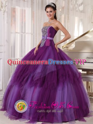 Tulle Beading and Bowknot For Elegant Strapless Purple ruffled Quinceanera Dress in Iserlohn