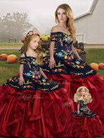 Ideal Red And Black Off The Shoulder Neckline Embroidery and Ruffles Vestidos de Quinceanera Sleeveless Lace Up