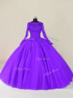 Floor Length Purple Quinceanera Dresses Scalloped Long Sleeves Zipper