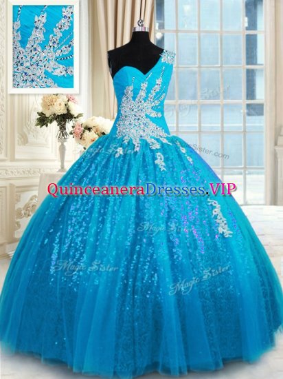 Stylish One Shoulder Sleeveless 15th Birthday Dress Floor Length Appliques Baby Blue Tulle and Sequined - Click Image to Close