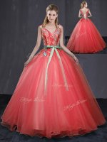 Chic Coral Red Tulle Lace Up 15th Birthday Dress Sleeveless Floor Length Appliques and Belt(SKU YCQD0168-11BIZ)