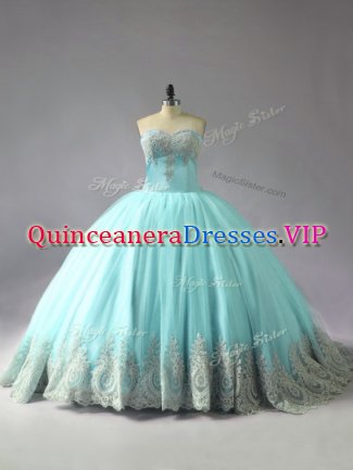 Blue 15th Birthday Dress Sweet 16 and Quinceanera with Appliques Sweetheart Sleeveless Court Train Lace Up