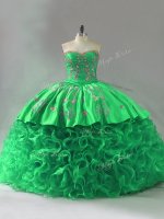 Green Fabric With Rolling Flowers Lace Up Sweetheart Sleeveless Sweet 16 Quinceanera Dress Embroidery and Ruffles