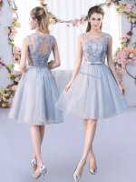Lace and Belt Quinceanera Court of Honor Dress Grey Lace Up Sleeveless Knee Length
