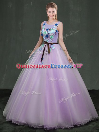 Scoop Lavender Organza Lace Up Sweet 16 Dress Sleeveless Floor Length Appliques - Click Image to Close