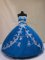 Sleeveless Floor Length Appliques Lace Up Quinceanera Gown with Blue
