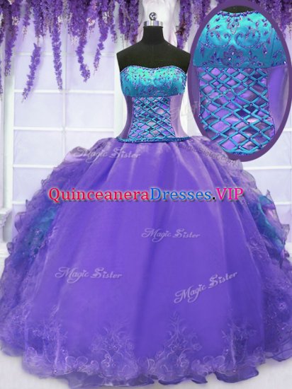 Floor Length Lavender Quinceanera Dress Organza Sleeveless Embroidery and Ruffles - Click Image to Close