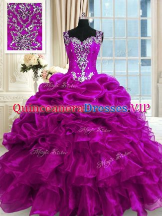 Cute Beading and Ruffles and Pick Ups 15th Birthday Dress Fuchsia Lace Up Sleeveless Floor Length