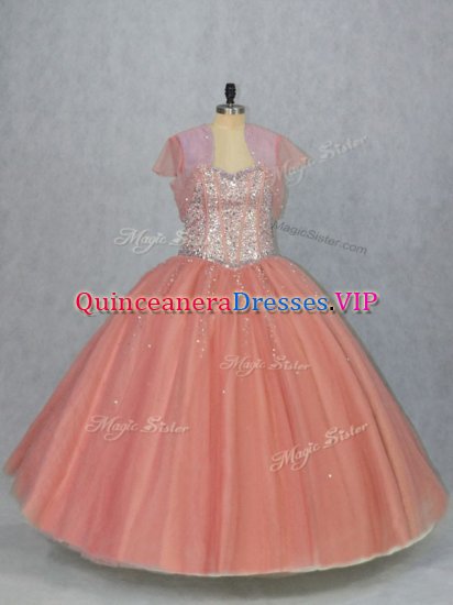 Watermelon Red Ball Gowns Tulle Sweetheart Sleeveless Beading Floor Length Lace Up Quince Ball Gowns - Click Image to Close