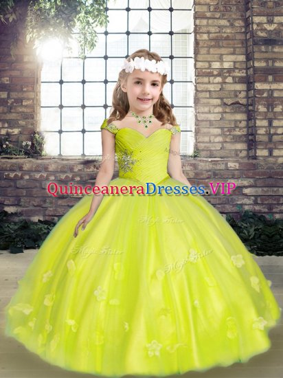 Beauteous Tulle Sleeveless Floor Length Little Girls Pageant Dress and Beading and Hand Made Flower - Click Image to Close