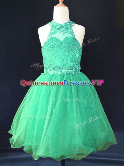 Stunning Green Lace Up Child Pageant Dress Beading and Lace Sleeveless Mini Length - Click Image to Close