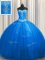 Spectacular Sequined Beading and Appliques 15th Birthday Dress Blue Lace Up Sleeveless With Train Court Train