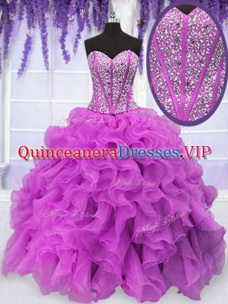 Suitable Sweetheart Sleeveless Lace Up Sweet 16 Quinceanera Dress Fuchsia Organza