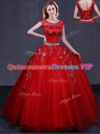 Classical Scoop Beading and Belt Quinceanera Dresses Red Lace Up Cap Sleeves Floor Length