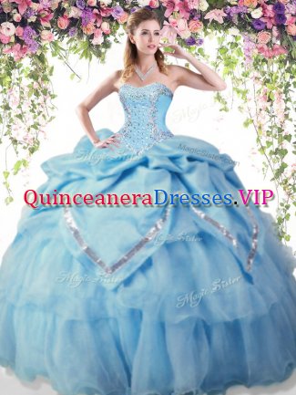 Baby Blue Organza and Taffeta Lace Up Sweetheart Sleeveless Floor Length 15th Birthday Dress Beading and Pick Ups