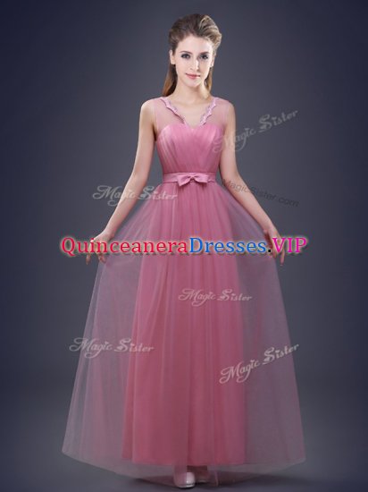 Custom Designed Pink Empire Appliques and Ruching and Bowknot Damas Dress Lace Up Tulle Sleeveless Floor Length - Click Image to Close