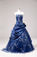 One Shoulder Sleeveless Quinceanera Gown Floor Length Embroidery and Hand Made Flower Blue