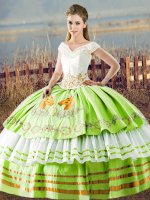 Floor Length Quinceanera Gown Satin Sleeveless Embroidery and Ruffled Layers
