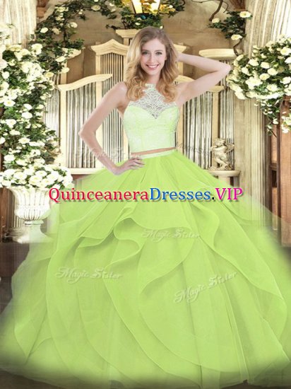 Yellow Green Scoop Zipper Lace and Ruffles Quinceanera Gown Sleeveless - Click Image to Close