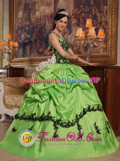 Popular Appliques Decorate BodiceSpring Green Quinceanera Dress For Sweet Style Straps Taffeta Ball Gown in Cleburne Texas/TX - Click Image to Close