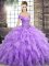 Sleeveless Beading and Ruffles Lace Up Quince Ball Gowns with Lavender Brush Train