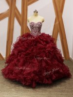 Dazzling Burgundy Organza Lace Up Sweetheart Sleeveless Quinceanera Dress Brush Train Beading and Ruffles