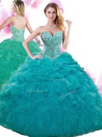 Sleeveless Organza Floor Length Lace Up Sweet 16 Dress in Teal with Beading and Ruffles and Pick Ups