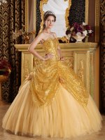 Cedar Rapids Iowa/IA Hand Made Flowers New Gold Quinceanera Dress Sweetheart Floor-length Strapless Sequin and Tulle Ball Gown